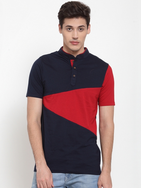 

Kalt Men Navy Blue & Red Colourblocked Mandarin Collar T-shirt