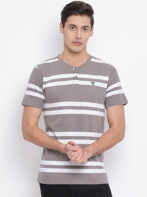 

REALM Men Grey & White Striped Henley Neck T-shirt