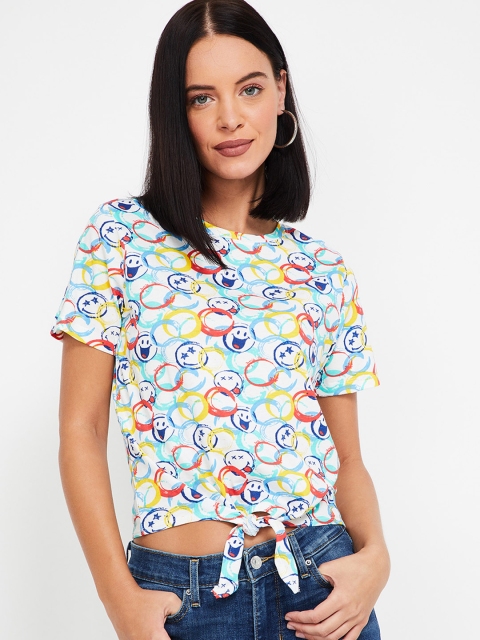

Smiley World Women Off-White Printed Round Neck Crop T-shirt