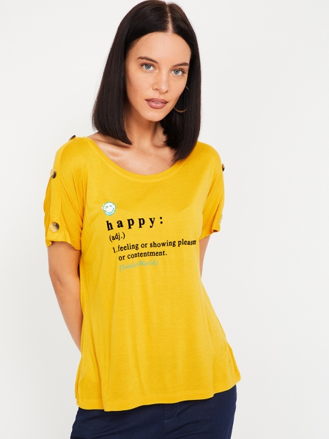 

Smiley World Women Mustard Yellow Printed Round Neck T-shirt