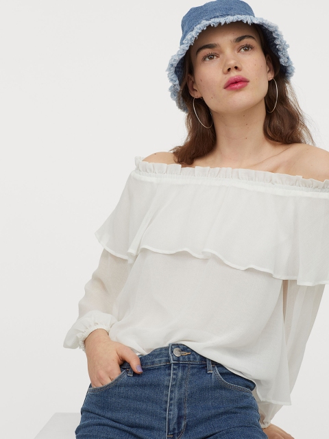 

H&M Women White Solid Off-The-Shoulder Blouse
