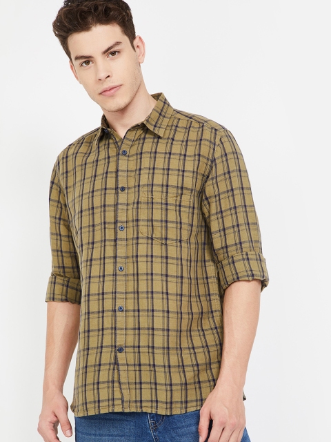 

CODE by Lifestyle Men Olive Green & Navy Blue Regular Fit Checked Casual Linen Shirt