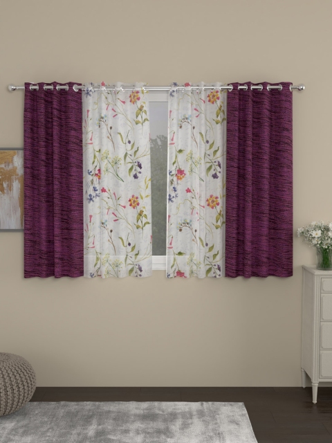 

ROSARA HOME Purple & White Set of 4 Window Curtains