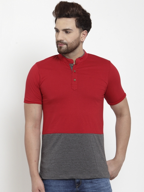 

Kalt Men Red & Grey Melange Colourblocked Mandarin Collar T-shirt
