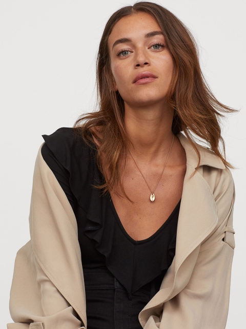 

H&M Black Solid Flounced V-Neck Bodysuit