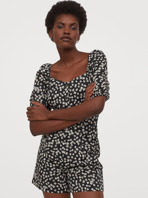 

H&M Women Black Printed Puff-Sleeved Playsuit