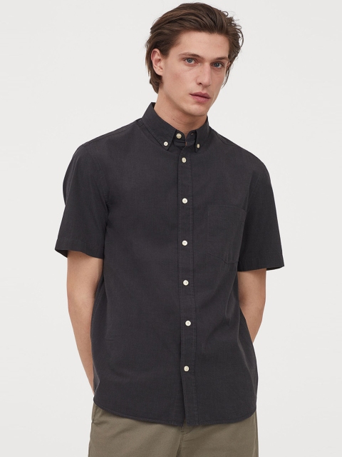 

H&M Men Black Solid Cotton Shirt Regular Fit