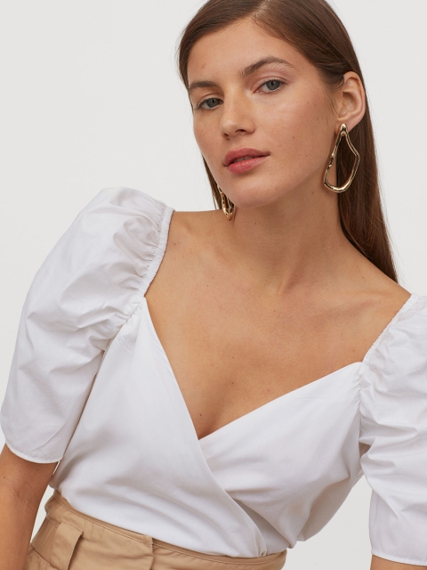 

H&M White Solid Wrapover Cotton Poplin Blouse