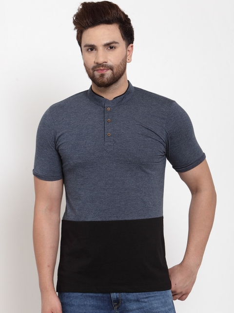 

Kalt Men Grey Melange & Black Colourblocked Henley Neck T-shirt