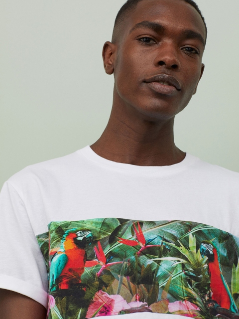 

HM Men White Floral Print Pure Cotton T-shirt