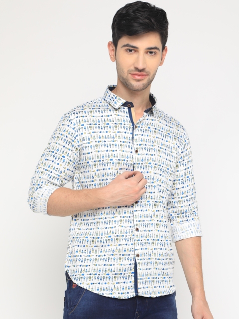 

WITH Men White & Yellow Slim Fit Printed Casual Shirt