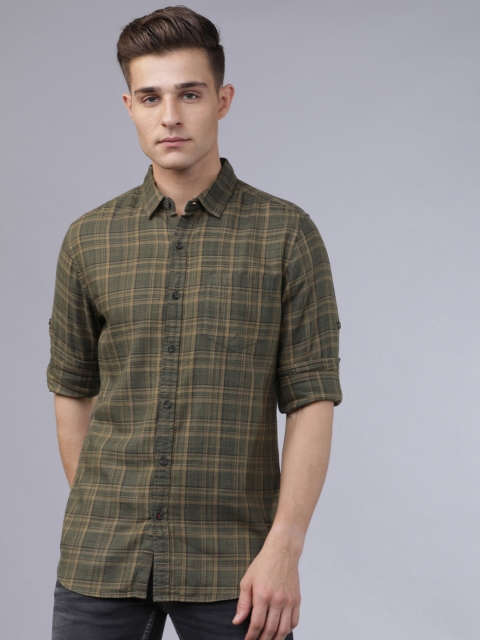 

Ecko Unltd Men Olive Green & Khaki Brown Slim Fit Checked Casual Shirt