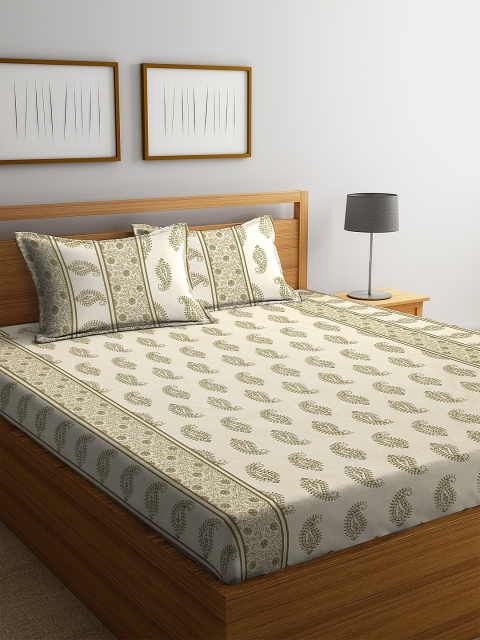 

HOSTA HOMES Beige & Olive Green Ethnic Motifs 260 TC Cotton 1 Queen Bedsheet with 2 Pillow Covers