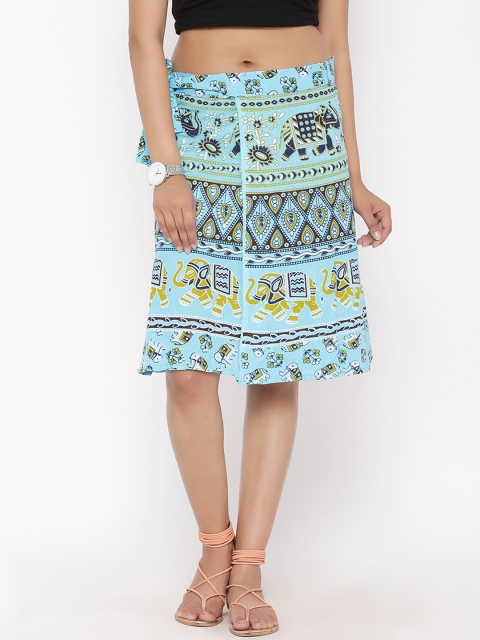 

SOUNDARYA Women Turquoise Blue & Yellow Printed Knee Length Wrap-Around Skirt