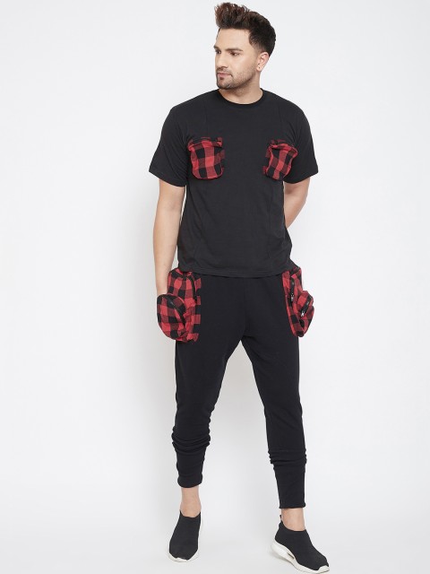 

FUGAZEE Men Black & Red Solid Plaid Pockets Cargo Joggers Tracksuit