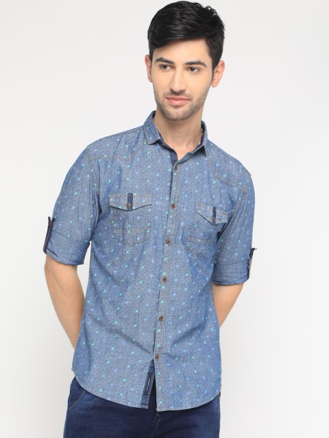 

WITH Men Blue & Black Slim Fit Printed Casual Denim Shirt
