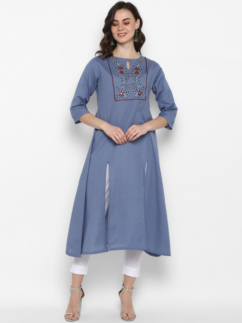 

Janasya Women Blue & Red Embroidered A-Line Kurta