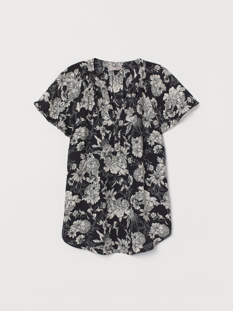 

H&M Women Black & White Floral Print V-Neck Blouse