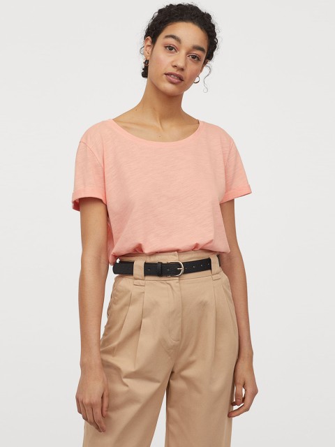 

H&M Women Peach Solid Round-Necked T-shirt