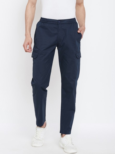 

Okane Men Navy Blue Tapered Fit Solid Regular Trousers
