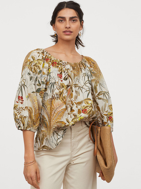 

H&M Women Multicoloured Printed Puff-sleeved Cotton Blouse Top, Multi