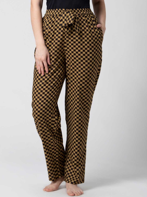 

ADORENITE Women Black & Brown Checked Lounge Pants, Khaki