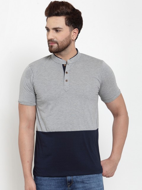 

Kalt Men Grey Melange & Navy Blue Colourblocked Mandarin Collar T-shirt