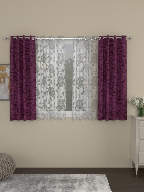 

ROSARA HOME Purple & White Set of 4 Window Curtains