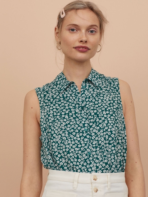 

H&M Women Green & White Floral Printed Sleeveless Blouse