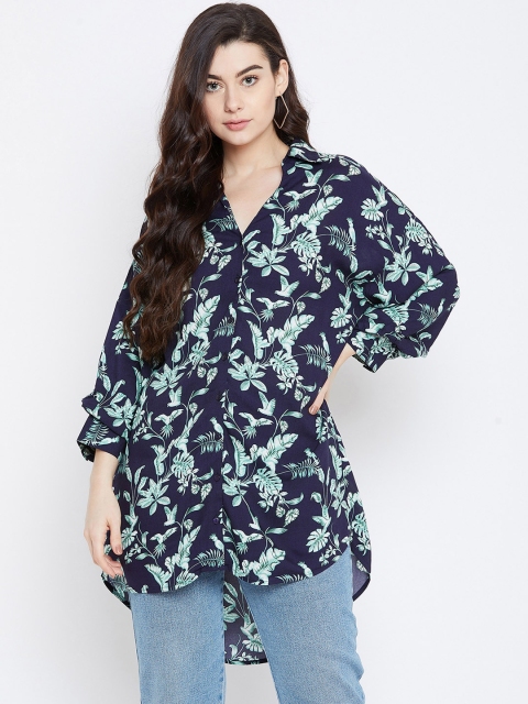 

Femella Women Navy Blue & Green Floral Print Longline Casual Shirt