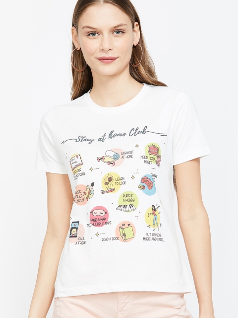 

Ginger by Lifestyle Women Off-White Printed Round Neck T-shirt