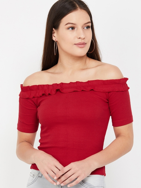 

Ginger by Lifestyle Women Red Solid Bardot Pure Cotton Top