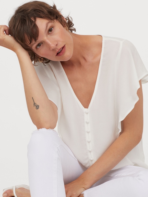 

H&M Women White Solid Butterfly-Sleeved Blouse