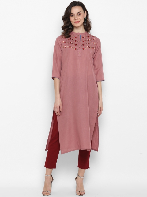 

Janasya Women Pink & Maroon Embroidered Straight Kurta