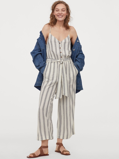 

H&M Women White & Grey Striped Linen-Blend Jumpsuit