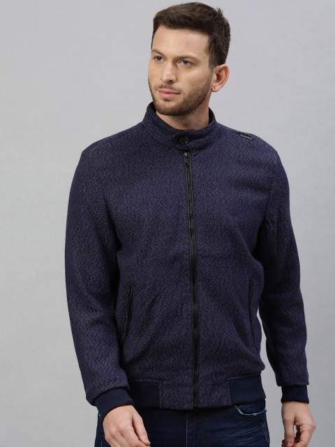 

RARE RABBIT Men Navy Blue Self Design Insulator Open Front Jacket