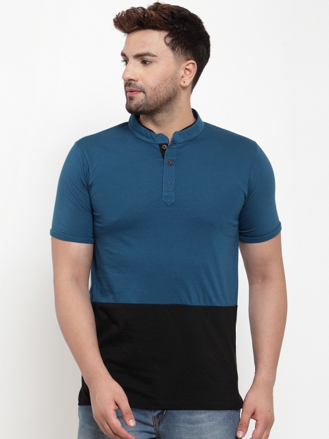 

Kalt Men Black & Teal Colourblocked Henley Neck T-shirt