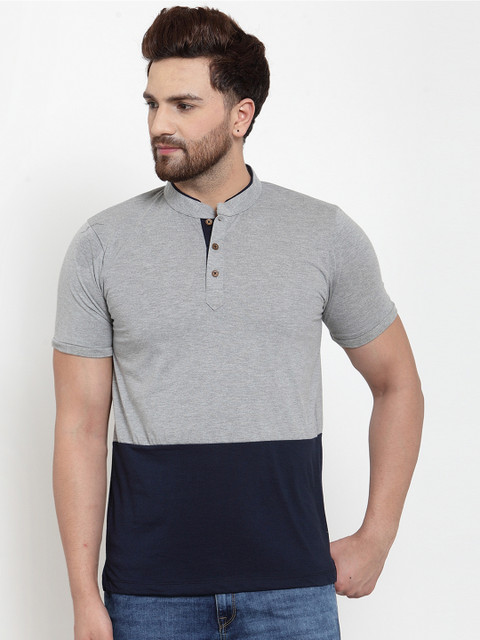 

Kalt Men Navy Blue & Grey Melange Colourblocked Henley Neck T-shirt
