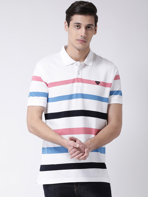 

Club York Men White Striped Polo Collar T-shirt