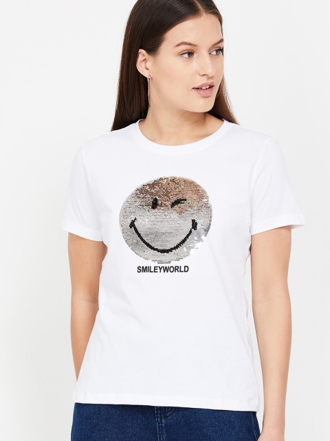

Smiley World Women White Mermaid Sequinned Round Neck T-shirt