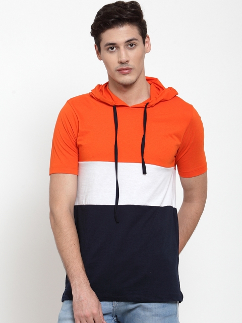 

Kalt Men Orange & Navy Blue Colourblocked Hood T-shirt