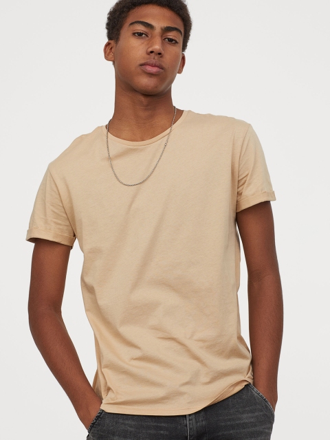

H&M Men Beige Solid Cotton T-shirt