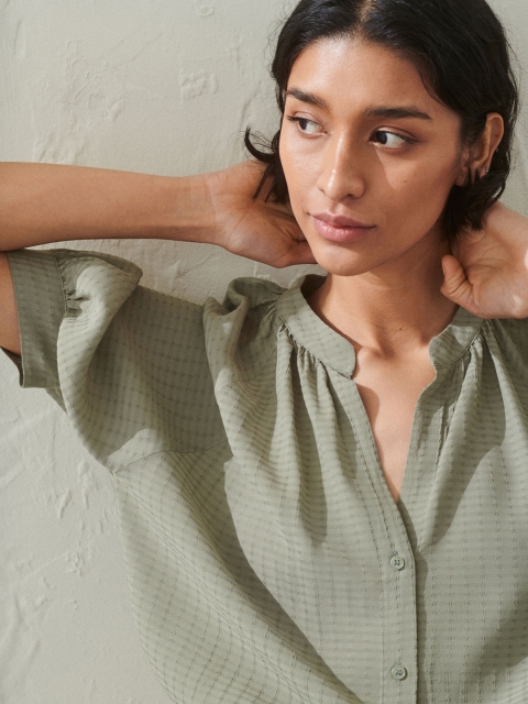 

H&M Women Green Solid Pattern-Weave Blouse