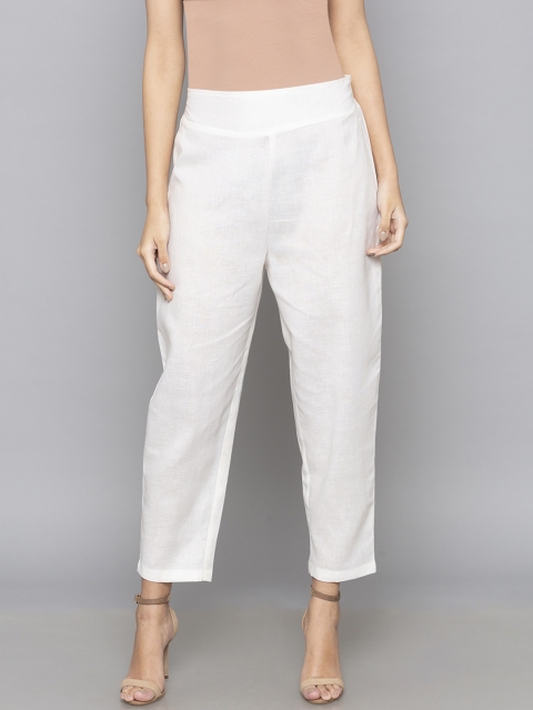 

Desi Weavess Women White Regular Fit Solid Cigarette Trousers