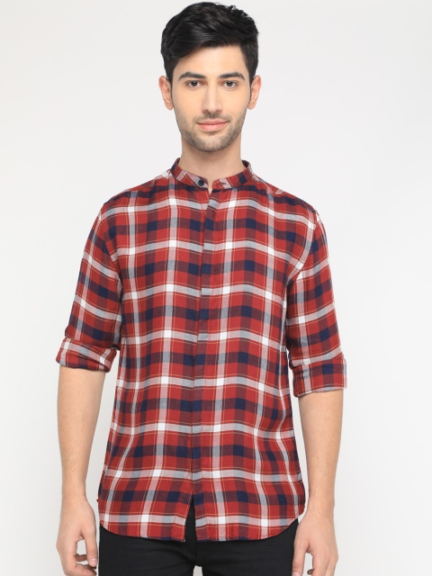 

WITH Men Red & Navy Blue Slim Fit Checked Casual Shirt
