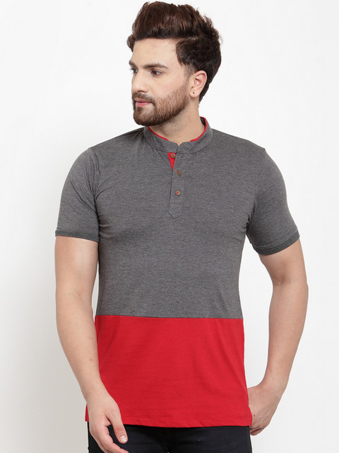 

Kalt Men Red & Grey Melange Colourblocked Mandarin Collar T-shirt