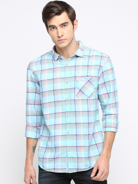 

WITH Men Blue Slim Fit Checked Casual Shirt