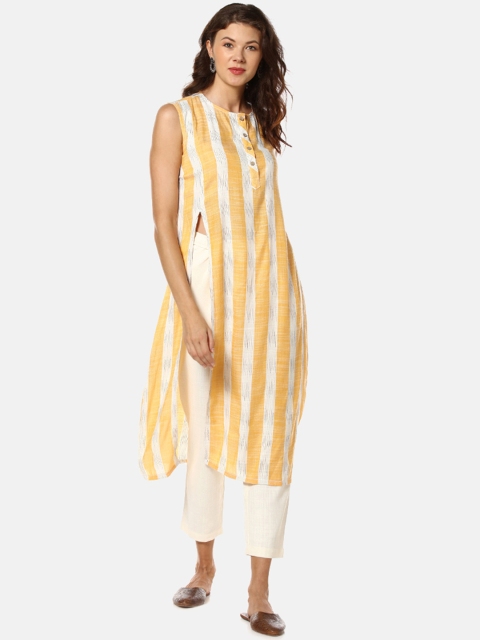 Instafab Women Yellow & White Striped Straight Kurta