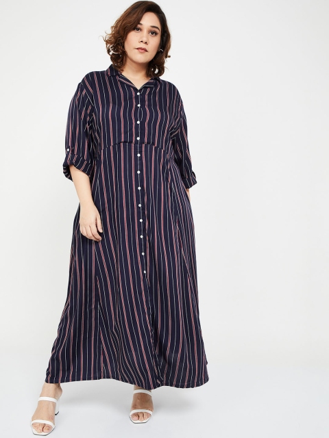 

nexus Plus Size Women Navy Blue Striped Shirt Dress