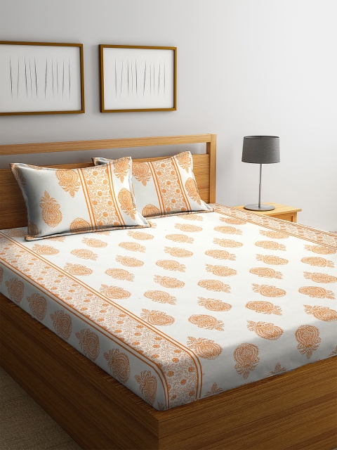 

HOSTA HOMES Off-White Ethnic Motifs 280 TC Cotton 1 Queen Bedsheet with 2 Pillow Covers